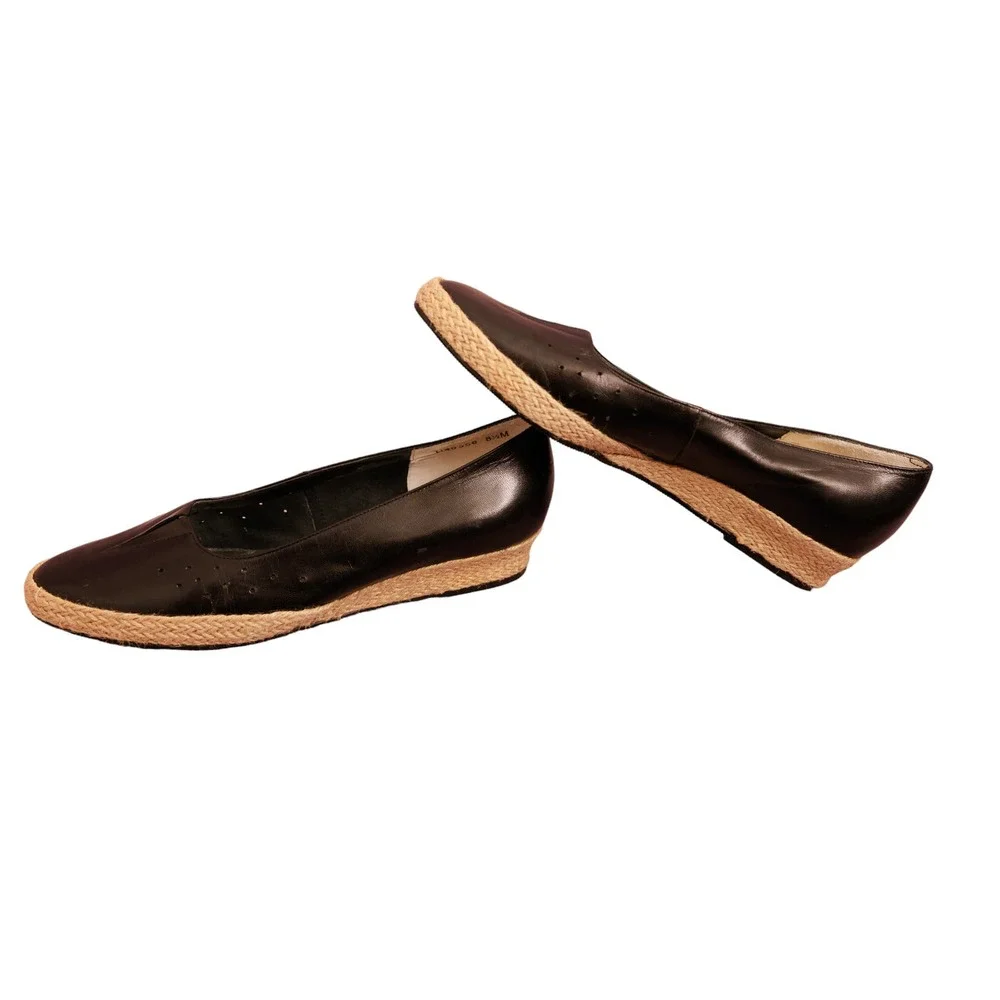 Ros Hommerson “Envy” Black Leather Low Wedge‎ Espadrille Slip On Flats 8.5M